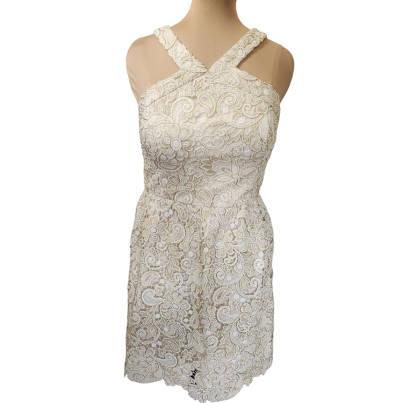 CLUB MONACO "Doina" Cream & Gold  Lace Halter Dress - Size 10 - Picture 3 of 15